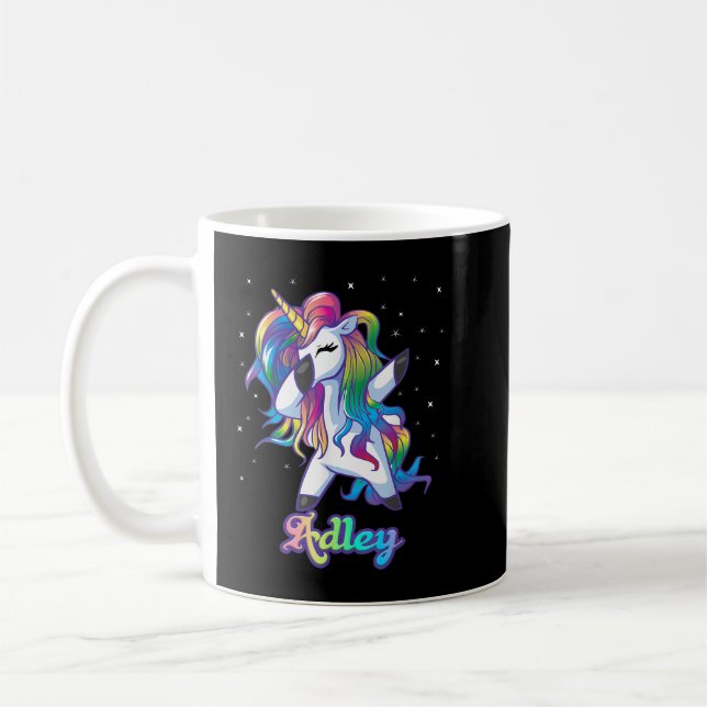 ADLEY Name Personalised Custom Rainbow Unicorn Dab Coffee Mug (Left)