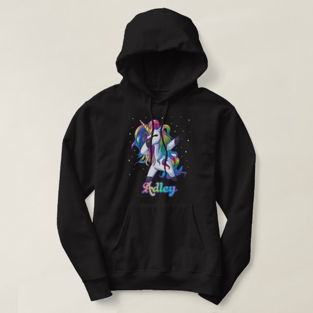 ADLEY Name Personalised Custom Rainbow Unicorn Dab Hoodie (Design Front)