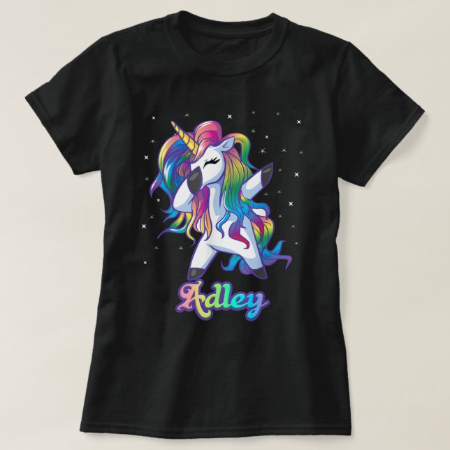 ADLEY Name Personalised Custom Rainbow Unicorn Dab T-Shirt (Design Front)