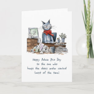 Admin Pro Day Funny Woman Cat at Desk with Papers Card