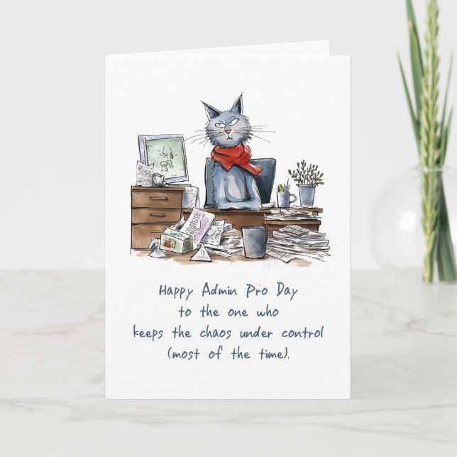 Admin Pro Day Funny Woman Cat at Desk with Papers Card (Front)