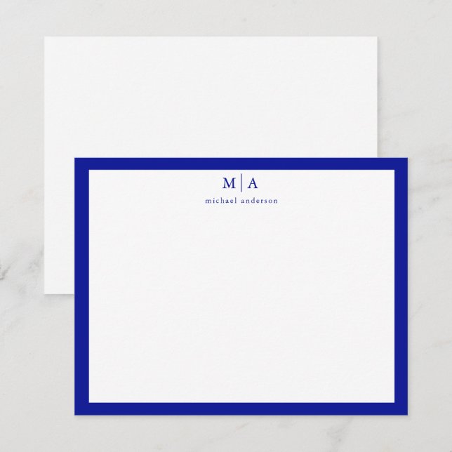 Admiral Blue Border Monogram Correspondence Card (Front/Back)