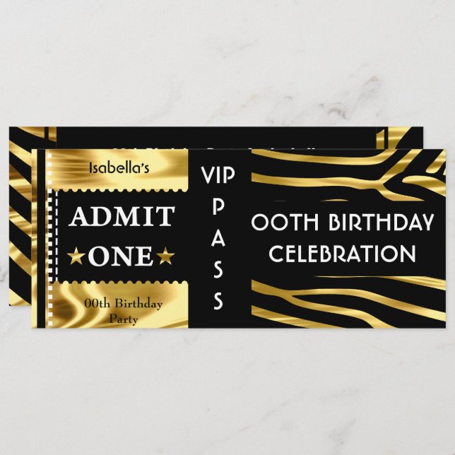 Admission Birthday Party Zebra Gold Black Invitation (Front/Back)