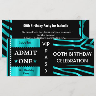 Admission Birthday Party Zebra Teal Blue Black Invitation