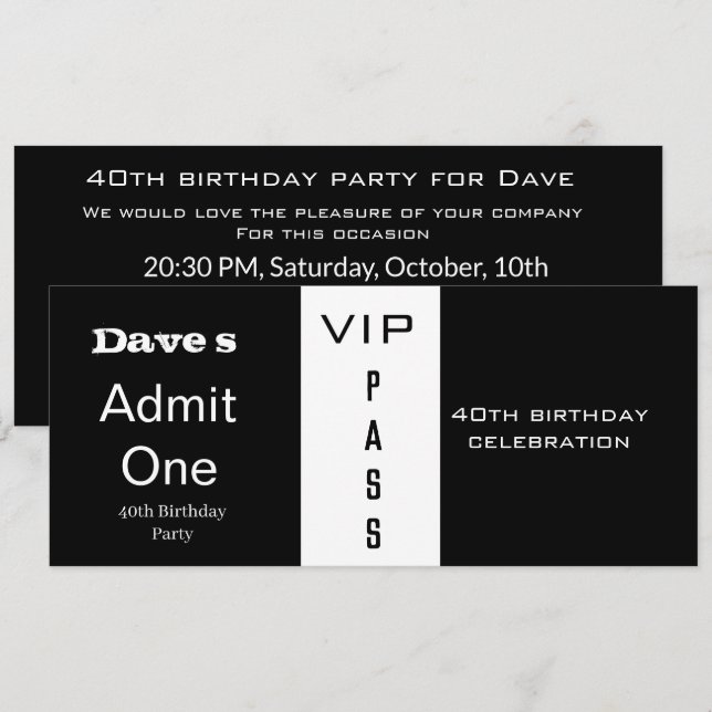 Admission Ticket Any Age Birthday White and Black Invitation (Front/Back)