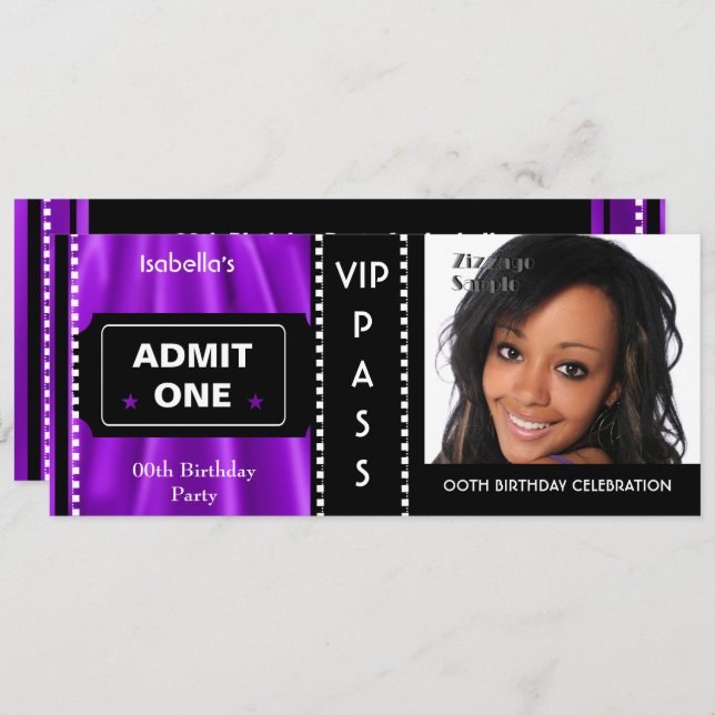Admission Ticket Birthday Party Photo Purple Black Invitation (Front/Back)