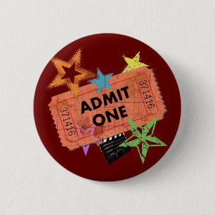ADMIT ONE MOVIE TICKET 6 CM ROUND BADGE