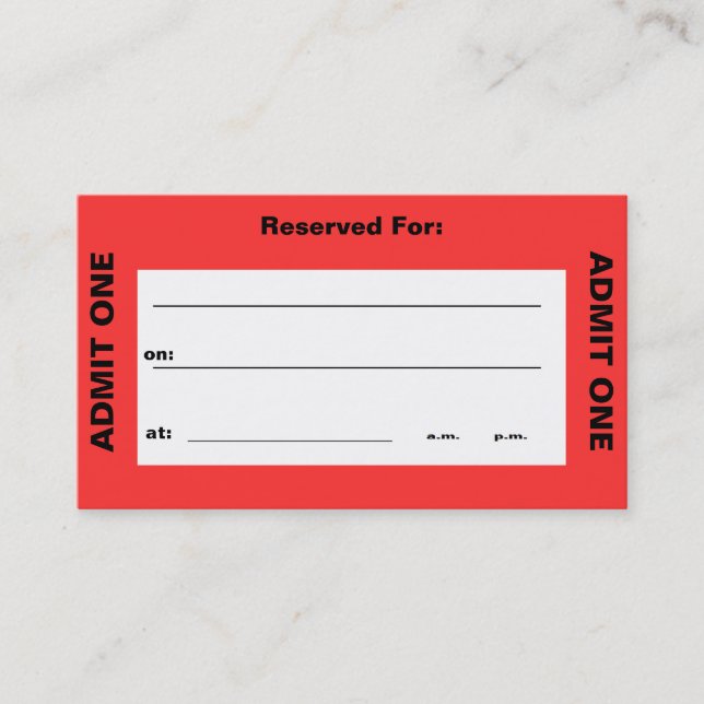 "Admit One Ticket" Business Card (Front)