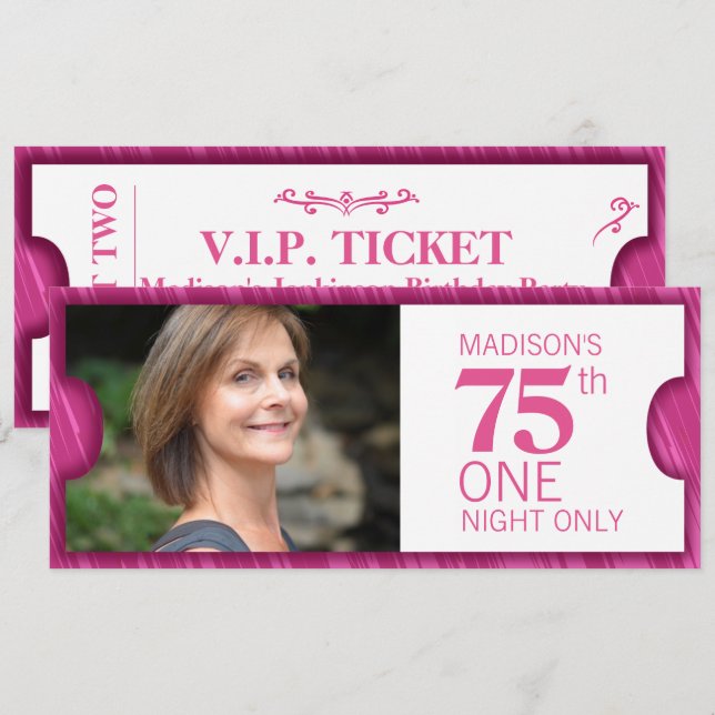 Admit one VIP 75th birthday party pink white Invitation (Front/Back)