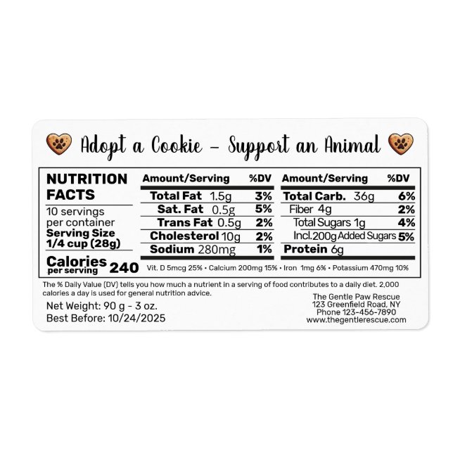 Adopt a Cookie Animal Rescue Bake Nutrition Facts (Front)