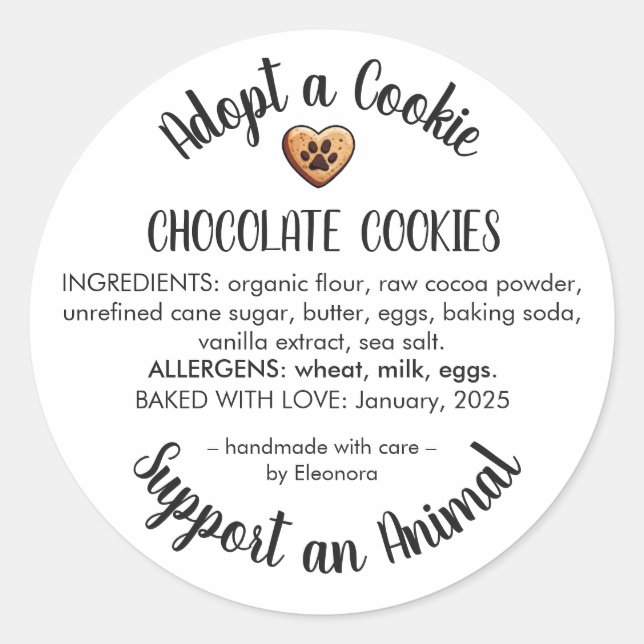 Adopt a Cookie Animal Rescue Bakery Ingredients Classic Round Sticker (Front)