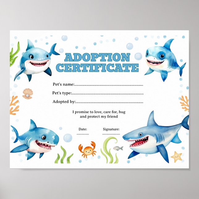 Adopt a pet shark certificate poster (Front)