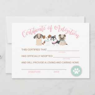 Adopt a Puppy Birthday Certificate of adoption Card