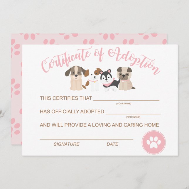 Adopt a Puppy Birthday Certificate of adoption Card (Front/Back)
