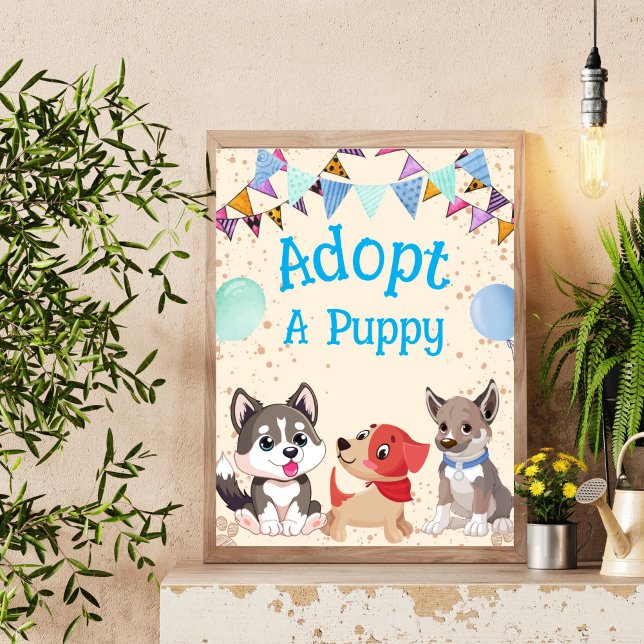 Adopt a puppy birthday party sign (Adopt a puppy birthday party sign cute puppies blue writing party favor sign)