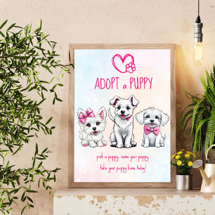 Adopt  a puppy party sign cute white pink puppies