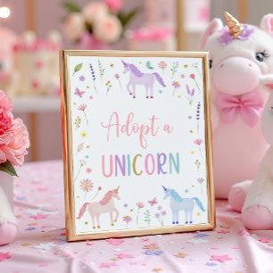 Adopt A Unicorn Floral Birthday Party Sign