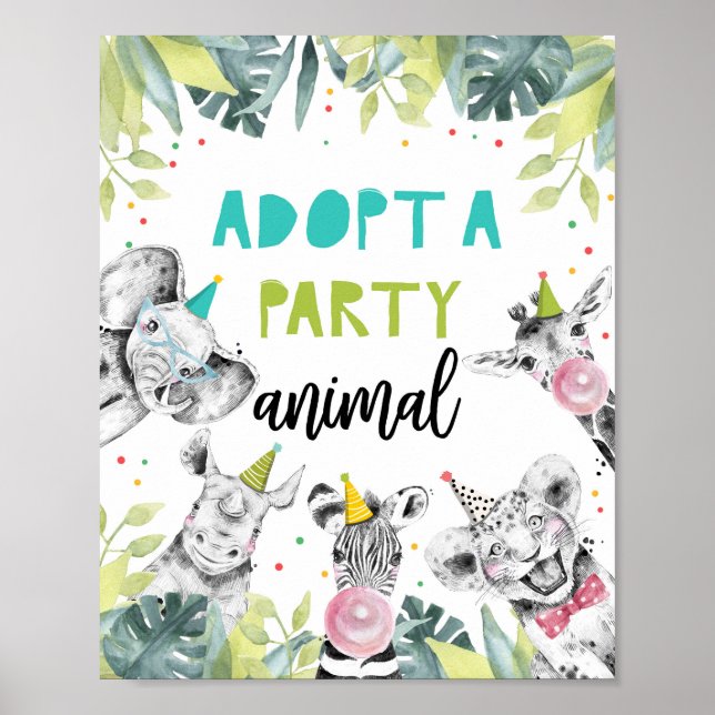 Adopt an Animal Safari Animals Birthday Table Sign (Front)