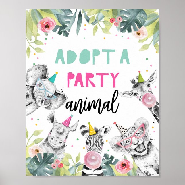 Adopt an Animal Safari Animals Birthday Table Sign (Front)