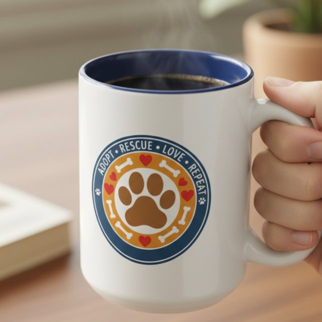 Adopt Rescue Love Repeat Paw Print  Two-Tone Coffee Mug (Pet rescue supporter mug)