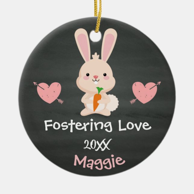 Adopted - Customised Pink Bunny Foster Care Gift Ceramic Ornament (Front)