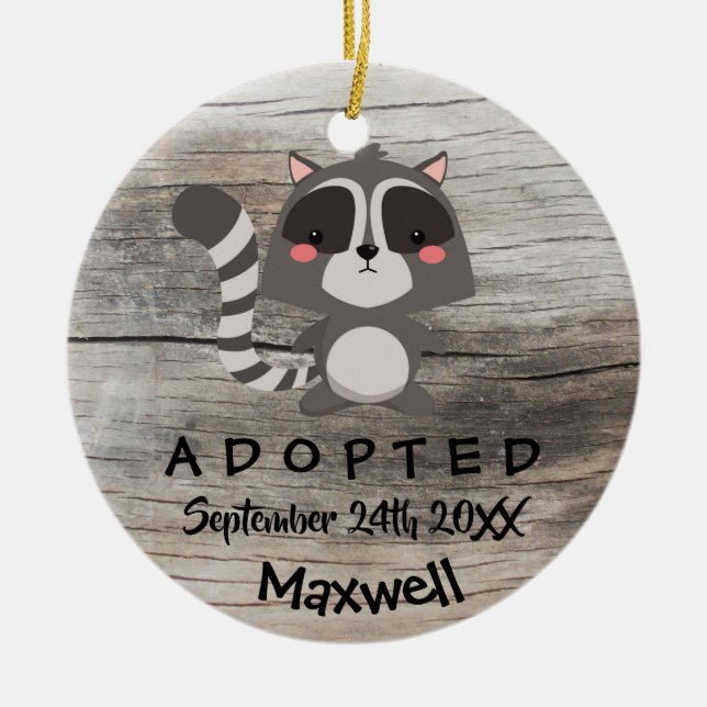 Adopted - Customised Racoon Adoption Gift Ceramic Tree Decoration (Front)