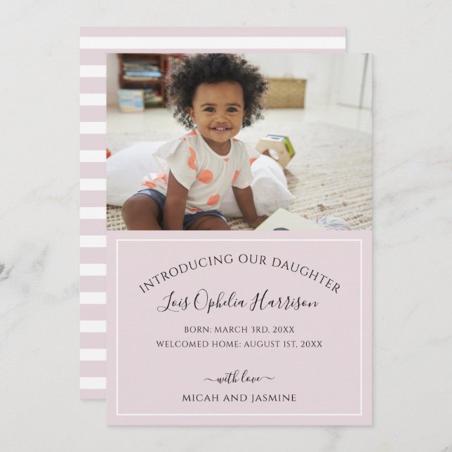 Adoption Announcement Blush Pink and White Stripe  (Front/Back)