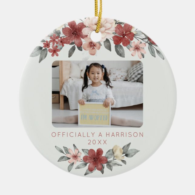 Adoption Announcement Keepsake Watercolor Floral Ceramic Ornament (Front)