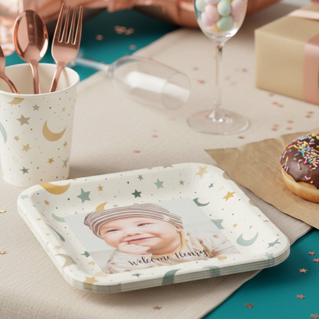 Adoption Baby Shower Photo Paper Plates (Personalized Boho baby shower photo paper plate )