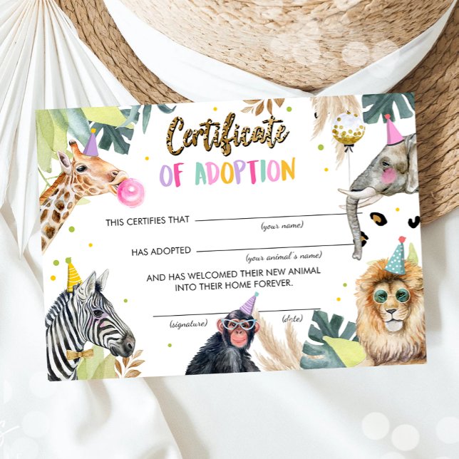 Adoption Certificate Safari Party Animals Birthday Invitation (Creator Uploaded)