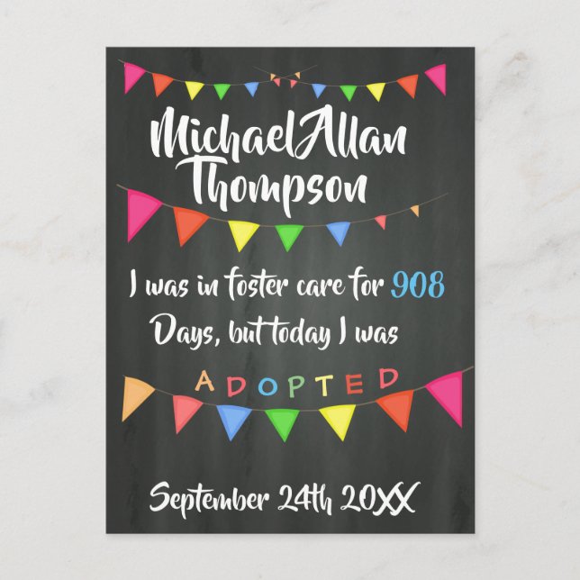 Adoption From Foster Care Announcment- Party Invitation Postcard (Front)
