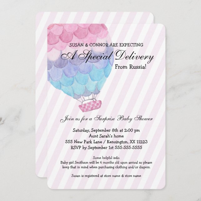 Adoption Girl Baby Shower, pink hot air balloon Invitation (Front/Back)