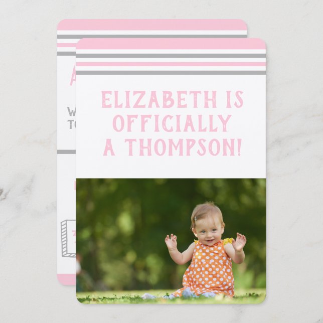 Adoption Party Modern Pink & Grey Stripes Invitation (Front/Back)