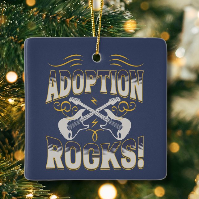 "Adoption Rocks" Adoption Day Name and Date Kid's Ceramic Ornament ("adoption rocks" music guitar themed adoption keepsake ornament custom name and date adoption gift)