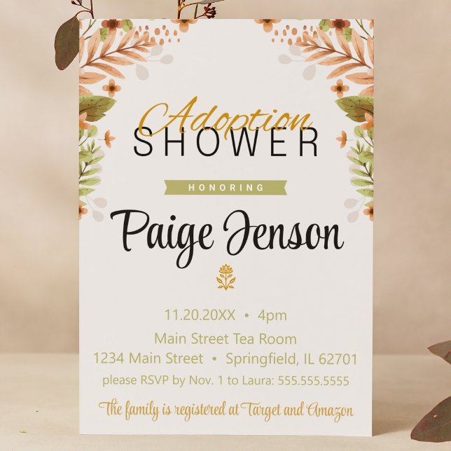 Adoption Shower Green and Brown Botanicals Invitation (Adoption shower woodland fall green brown foster care baby child shower modern boho tan)