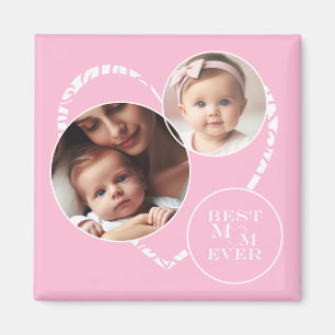 Adorable 3-Photo "Best Mum Ever" Pink, White Heart Magnet