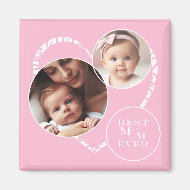 Adorable 3-Photo "Best Mum Ever" Pink, White Heart Magnet (Front)