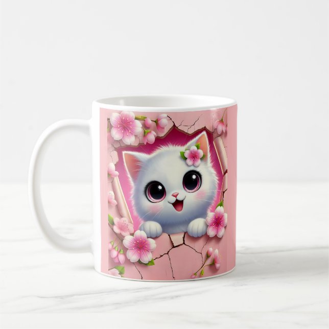 Adorable 3D Cat Peeking Through Floral Wall Design Coffee Mug (Left)
