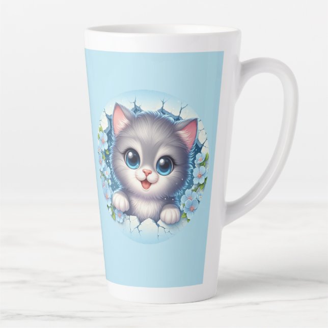 Adorable 3D Cat Peeking Through Floral Wall Design Latte Mug (Right)