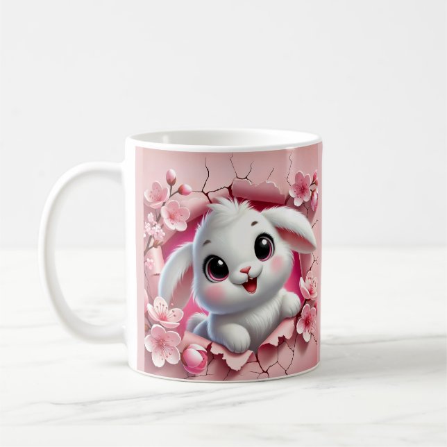 Adorable 3D Rabbit Peeking Through Floral Coffee Mug (Left)
