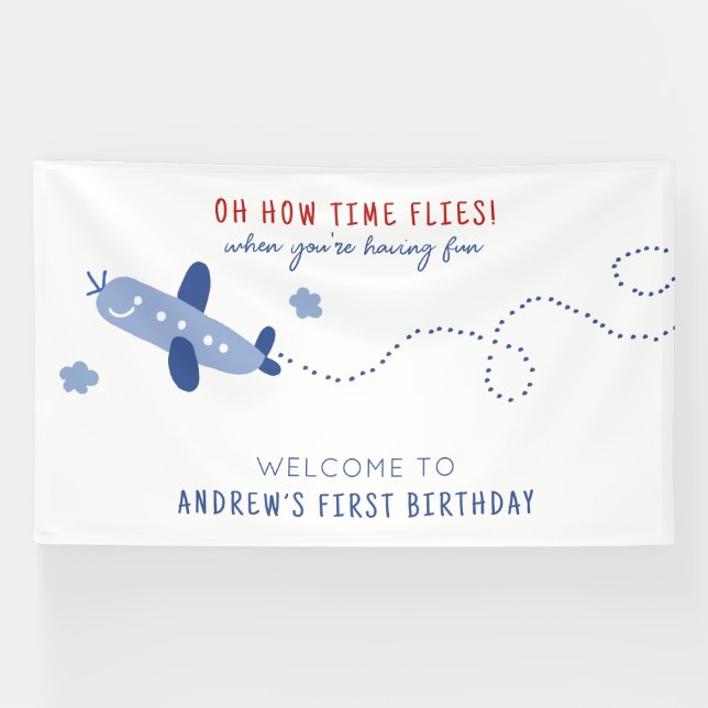 Adorable Aeroplane How Time Flies Birthday Party Banner (Horizontal)