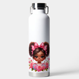 ADORABLE AFRICAN AMERICAN GIRL WITH FLOWERS WATER BOTTLE