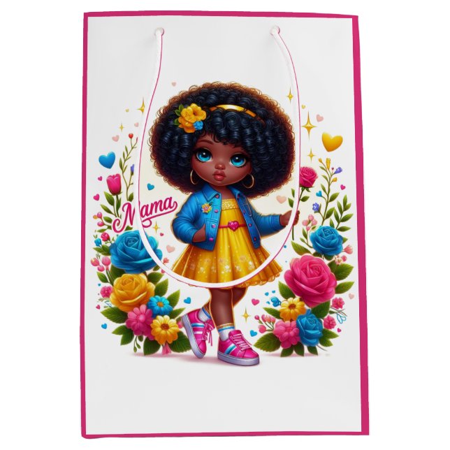 Adorable Afro Girl Yellow/Pink Flower Mama Medium Gift Bag (Front)