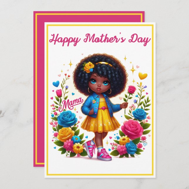 Adorable Afro Girl Yellow/Pink Flower Mother's Day Holiday Card (Front/Back)