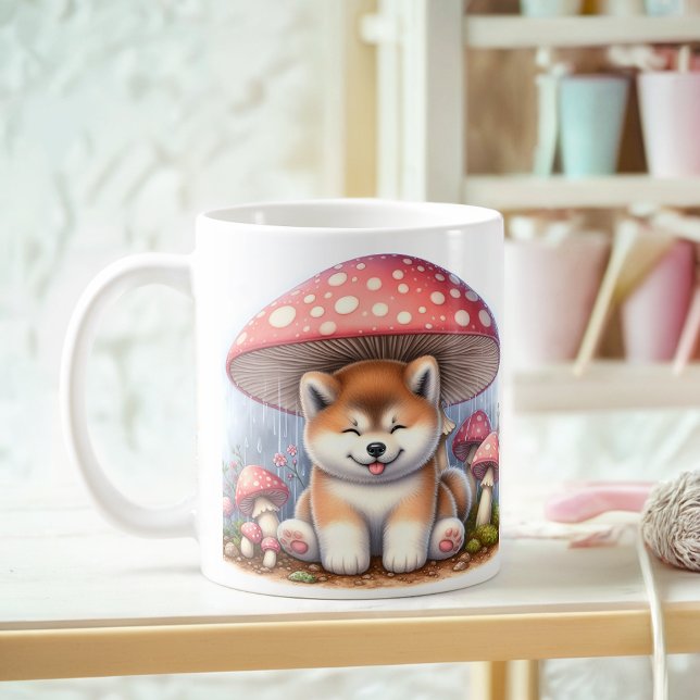 Adorable Akita Inu Puppy Under Mushroom Umbrella Coffee Mug (Creator Uploaded)