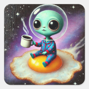 Adorable Alien Floating Egg in Space With Coffee Square Sticker