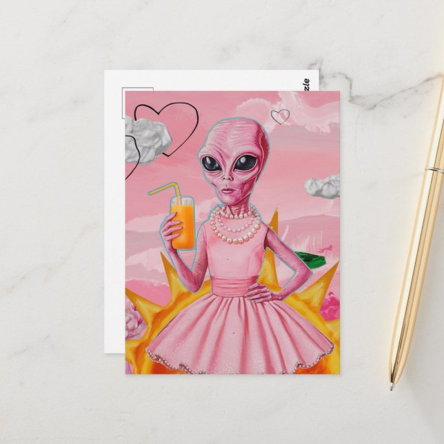Adorable Alien Lady in Pink With Orange Juice Postcard (Front/Back In Situ)