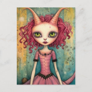 Adorable Alien Lady Mixed Media Collage Postcard
