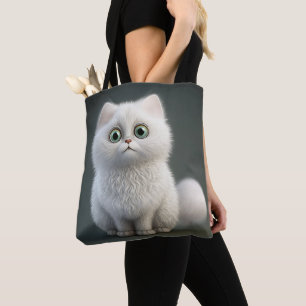 ADORABLE ALL WHITE CARTOON FANTASY CAT TOTE BAG