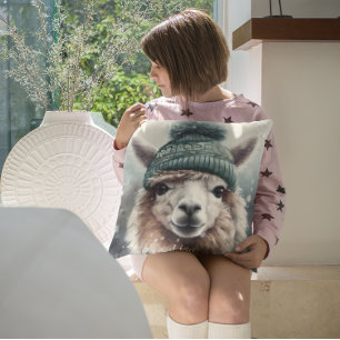 Adorable alpaca wearing blue beanie  cushion